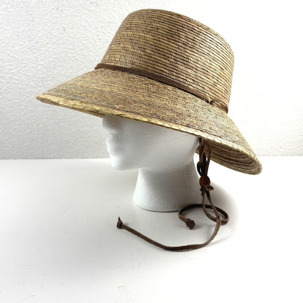 Tula Straw Sun Hat Womens OS Tan Wide Brim Palm Leaf Mexico Chin Strap Beach